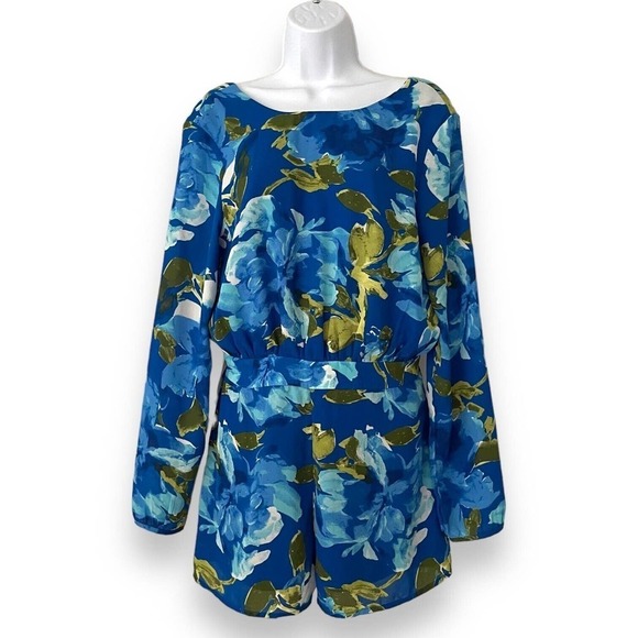 Lulus Sweetest Song Blue Floral Print Backless Long Sleeve Romper Size M - Picture 2 of 10